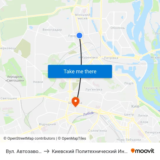 Вул. Автозаводська to Киевский Политехнический Институт КПИ map