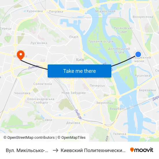 Вул. Микільсько-Слобідська to Киевский Политехнический Институт КПИ map