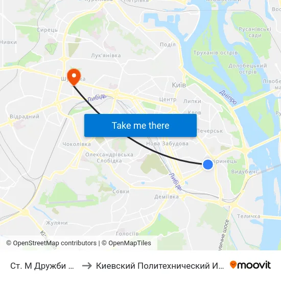 Ст. М Дружби Народів to Киевский Политехнический Институт КПИ map