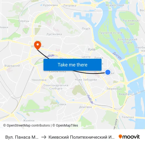 Вул. Панаса Мирного to Киевский Политехнический Институт КПИ map