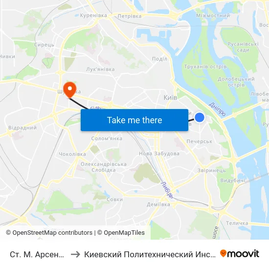 Ст. М. Арсенальна to Киевский Политехнический Институт КПИ map