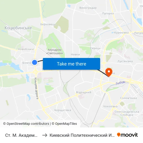 Ст. М. Академмістечко to Киевский Политехнический Институт КПИ map