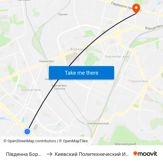 Південна Борщагівка to Киевский Политехнический Институт КПИ map