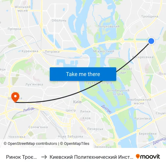 Ринок Троєщина to Киевский Политехнический Институт КПИ map