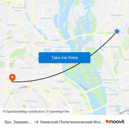 Вул. Закревського to Киевский Политехнический Институт КПИ map