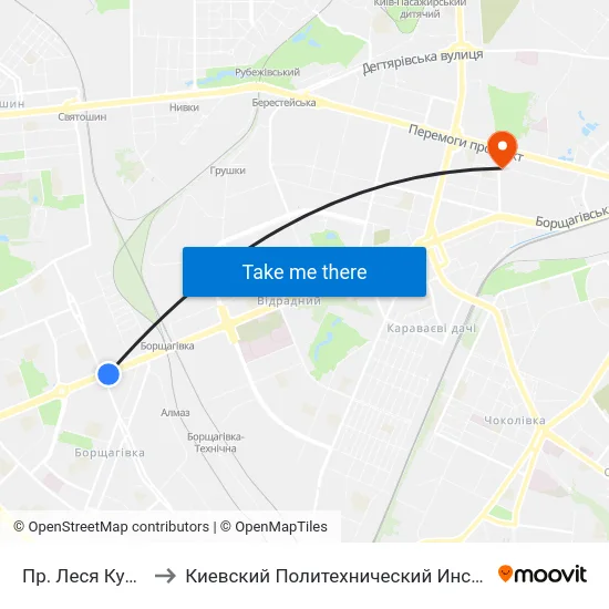 Пр. Леся Курбаса to Киевский Политехнический Институт КПИ map