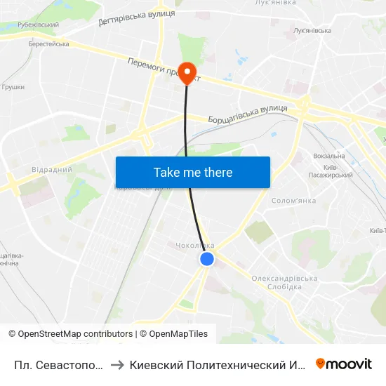 Пл. Севастопольська to Киевский Политехнический Институт КПИ map