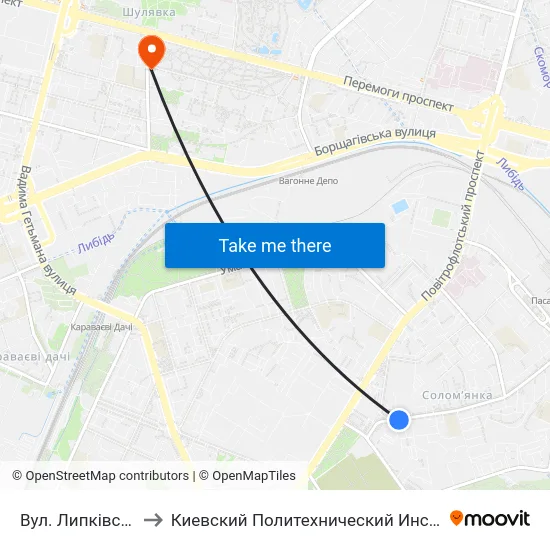 Вул. Липківського to Киевский Политехнический Институт КПИ map