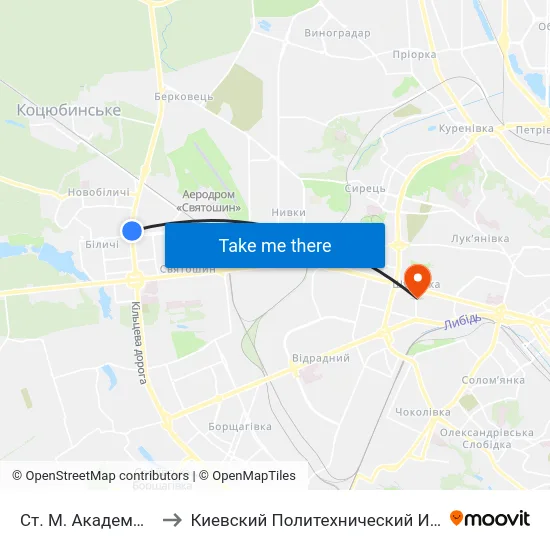 Ст. М. Академмістечко to Киевский Политехнический Институт КПИ map