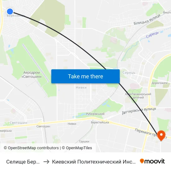 Селище Берковці to Киевский Политехнический Институт КПИ map