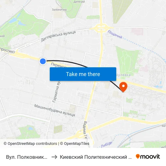 Вул. Полковника Шутова to Киевский Политехнический Институт КПИ map