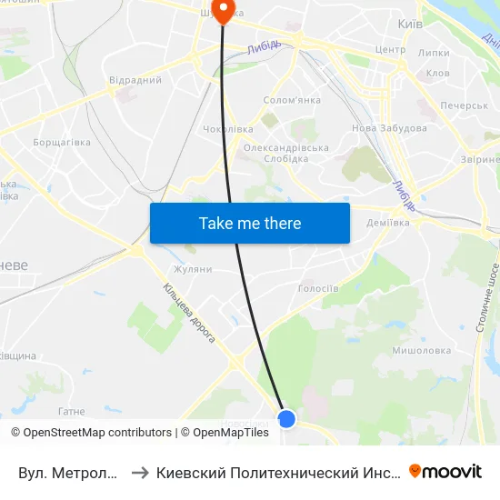 Вул. Метрологічна to Киевский Политехнический Институт КПИ map
