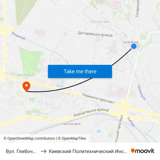 Вул. Глибочицька to Киевский Политехнический Институт КПИ map