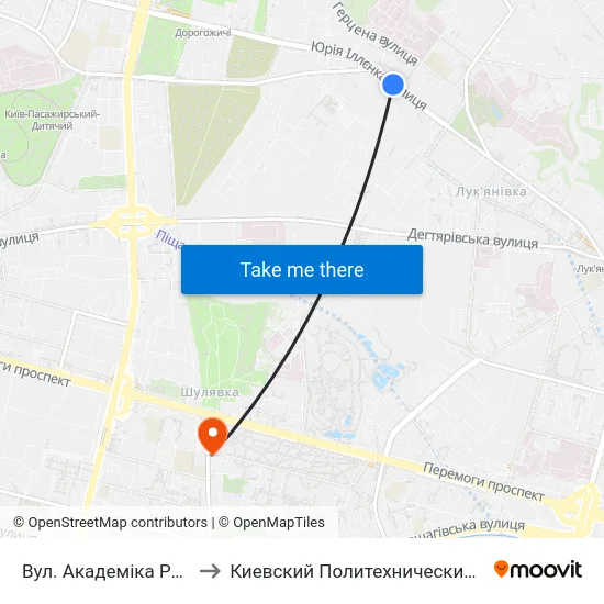 Вул. Академіка Ромоданова to Киевский Политехнический Институт КПИ map