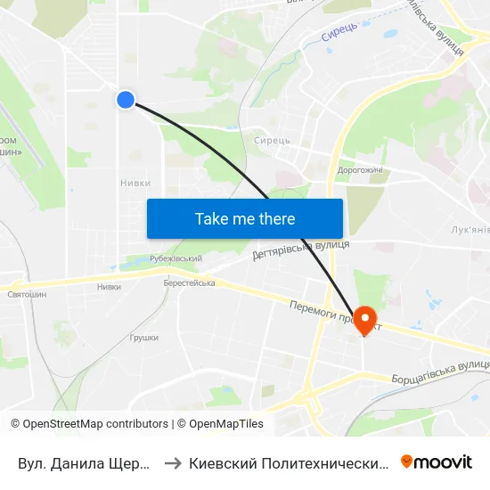 Вул. Данила Щербаківського to Киевский Политехнический Институт КПИ map