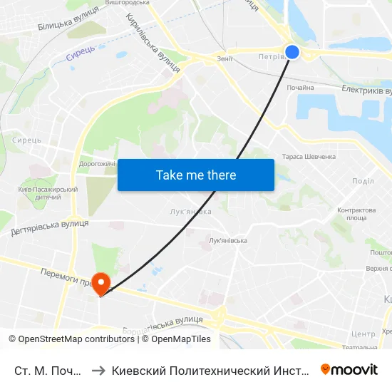 Ст. М. Почайна to Киевский Политехнический Институт КПИ map