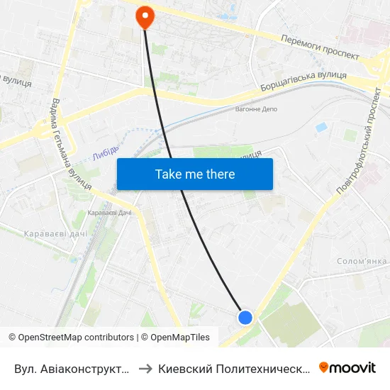 Вул. Авіаконструктора Антонова to Киевский Политехнический Институт КПИ map