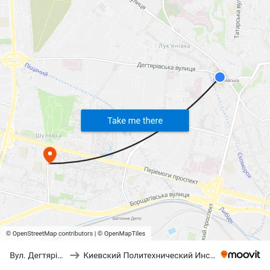 Вул. Дегтярівська to Киевский Политехнический Институт КПИ map
