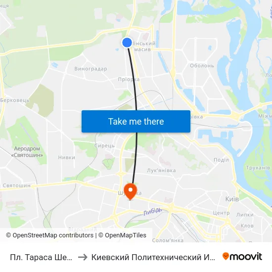 Пл. Тараса Шевченка to Киевский Политехнический Институт КПИ map