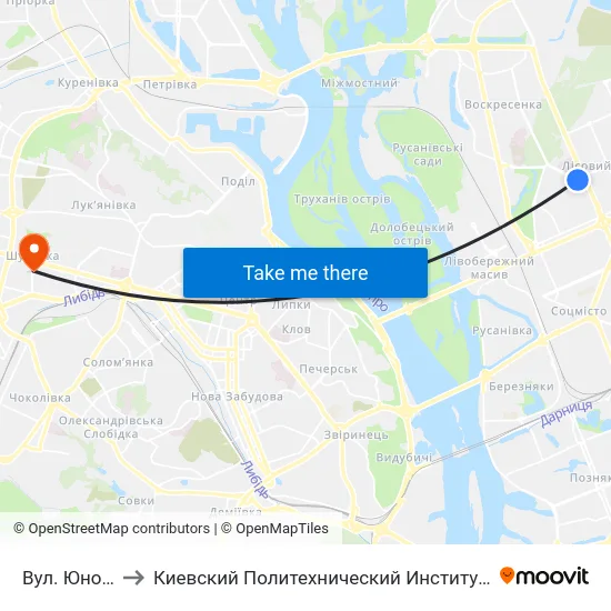 Вул. Юності to Киевский Политехнический Институт КПИ map