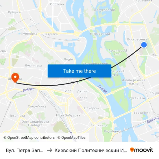 Вул. Петра Запорожця to Киевский Политехнический Институт КПИ map