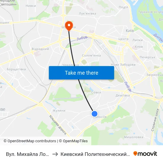 Вул. Михайла Ломоносова to Киевский Политехнический Институт КПИ map