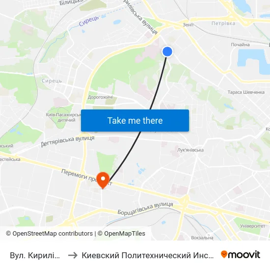 Вул. Кирилівська to Киевский Политехнический Институт КПИ map