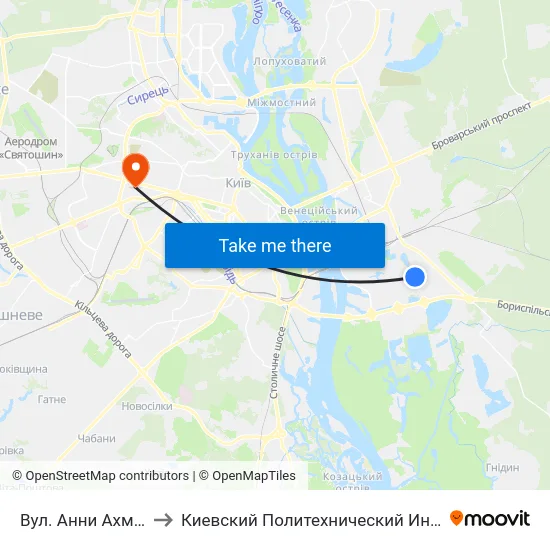 Вул. Анни Ахматової to Киевский Политехнический Институт КПИ map