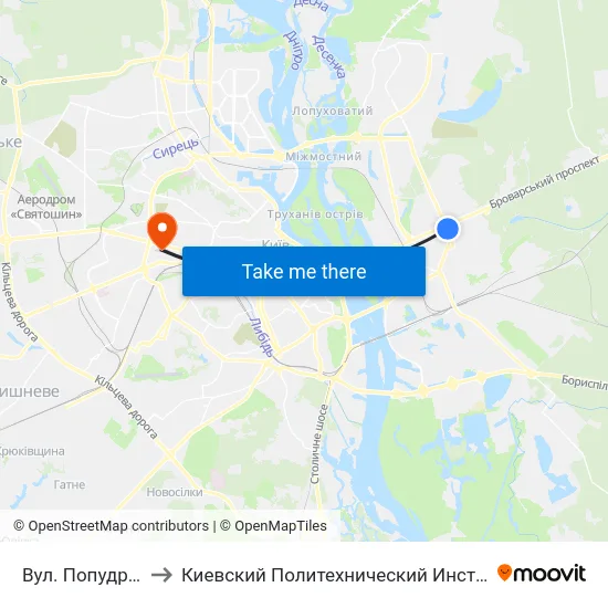 Вул. Попудренка to Киевский Политехнический Институт КПИ map