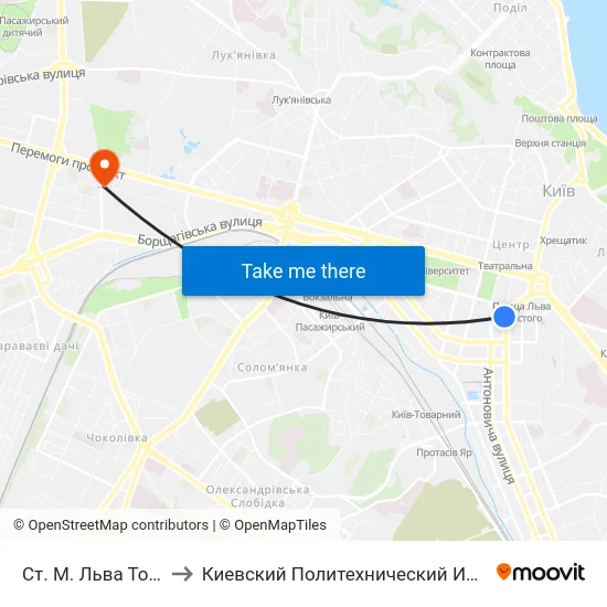 Ст. М. Льва Толстого to Киевский Политехнический Институт КПИ map
