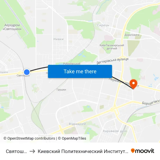 Святошин to Киевский Политехнический Институт КПИ map
