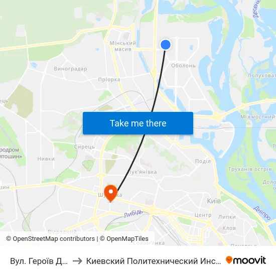 Вул. Героїв Дніпра to Киевский Политехнический Институт КПИ map