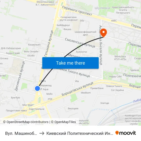 Вул. Машинобудівна to Киевский Политехнический Институт КПИ map