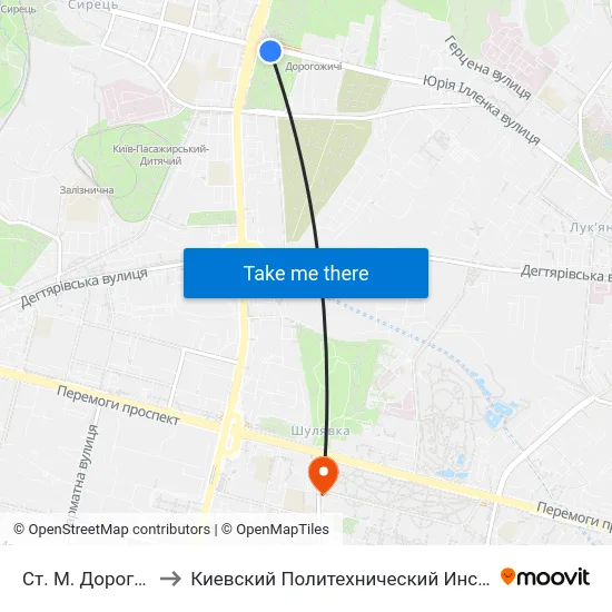 Ст. М. Дорогожичі to Киевский Политехнический Институт КПИ map