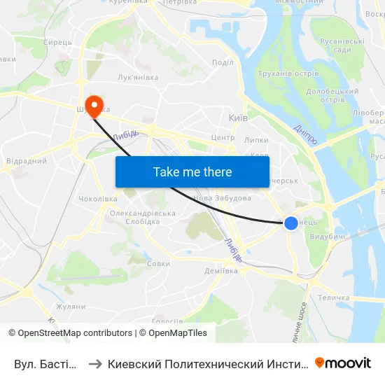 Вул. Бастіонна to Киевский Политехнический Институт КПИ map