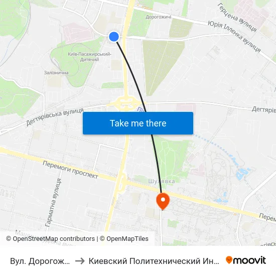 Вул. Дорогожицька to Киевский Политехнический Институт КПИ map