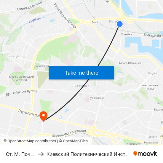 Ст. М. Почайна to Киевский Политехнический Институт КПИ map