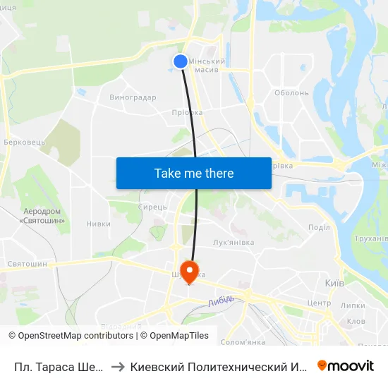 Пл. Тараса Шевченка to Киевский Политехнический Институт КПИ map