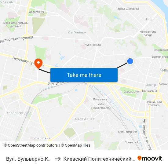 Вул. Бульварно-Кудрявська to Киевский Политехнический Институт КПИ map