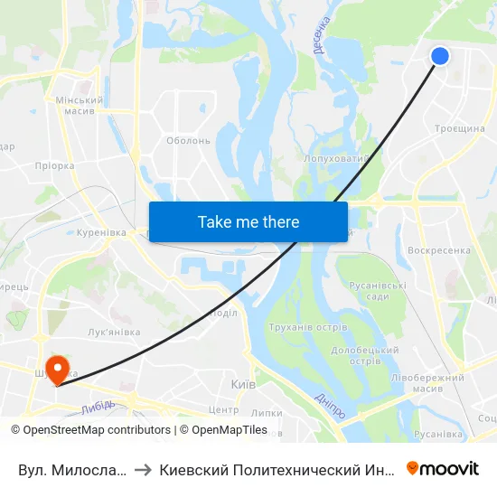 Вул. Милославська to Киевский Политехнический Институт КПИ map
