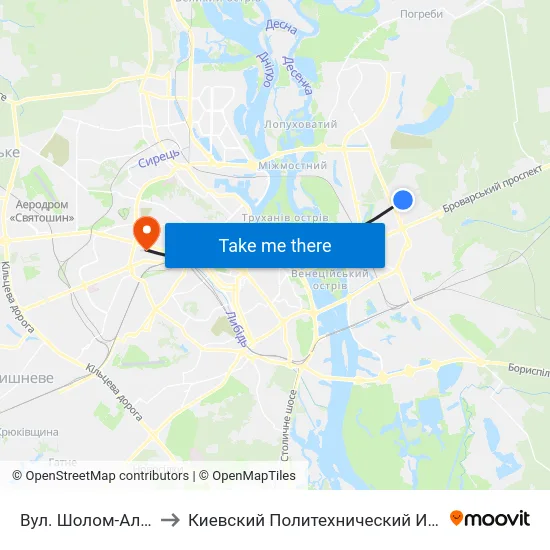 Вул. Шолом-Алейхема to Киевский Политехнический Институт КПИ map