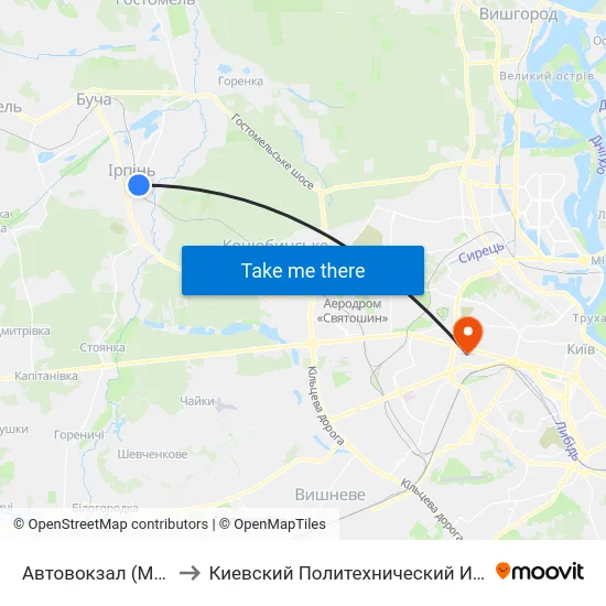 Автовокзал (М. Ірпінь) to Киевский Политехнический Институт КПИ map