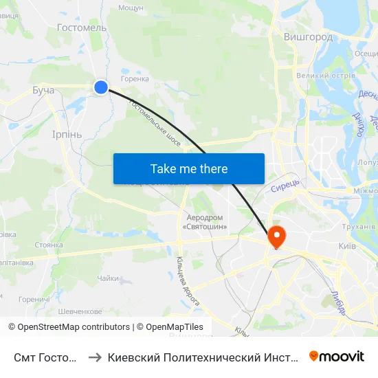 Смт Гостомель to Киевский Политехнический Институт КПИ map