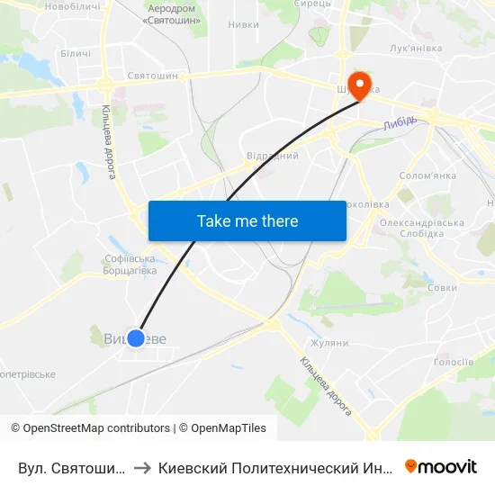 Вул. Святошинська to Киевский Политехнический Институт КПИ map