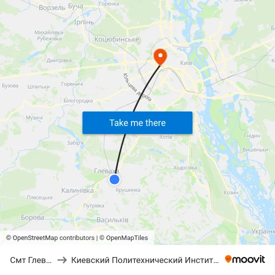 Смт Глеваха to Киевский Политехнический Институт КПИ map