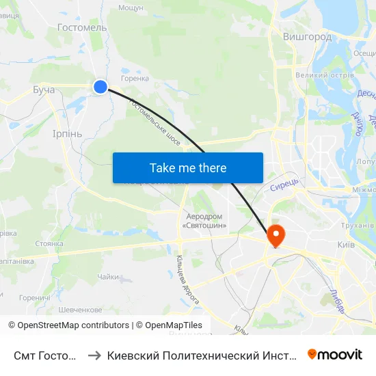 Смт Гостомель to Киевский Политехнический Институт КПИ map