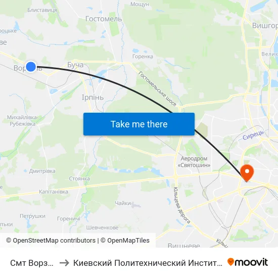 Смт Ворзель to Киевский Политехнический Институт КПИ map
