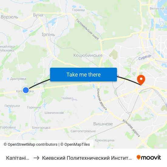 Капітанівка to Киевский Политехнический Институт КПИ map
