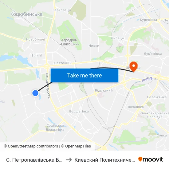 С. Петропавлівська Борщагівка (Центр) to Киевский Политехнический Институт КПИ map