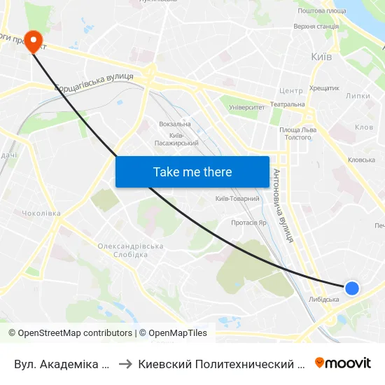Вул. Академіка Філатова to Киевский Политехнический Институт КПИ map